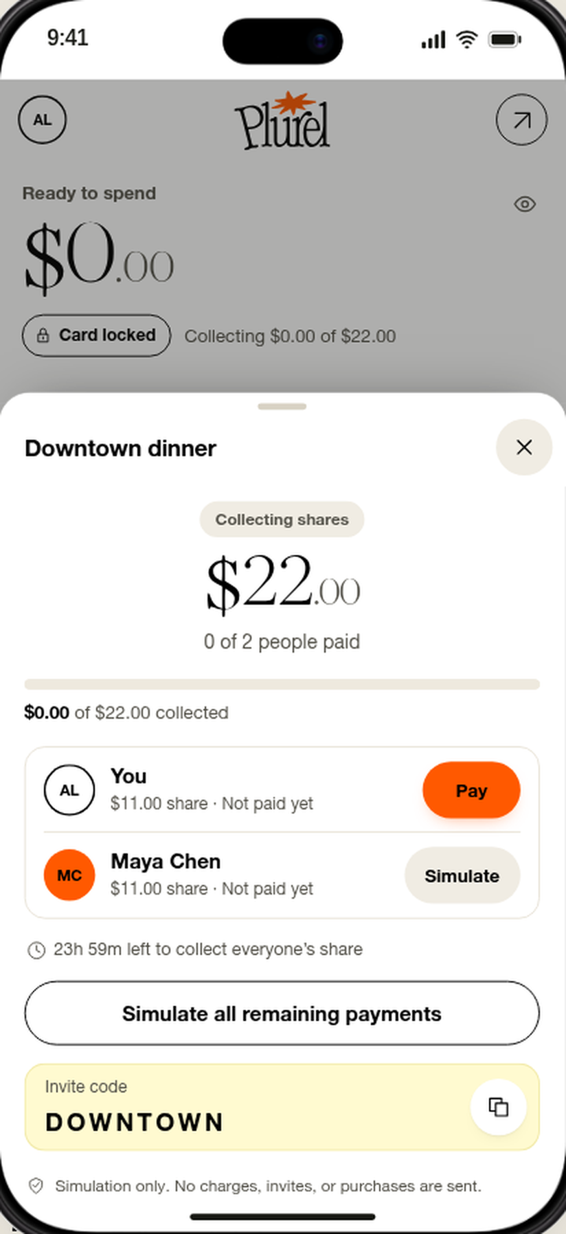 Downtown dinner collecting shares. $0.00 of $22.00 collected. Neither person has paid yet.