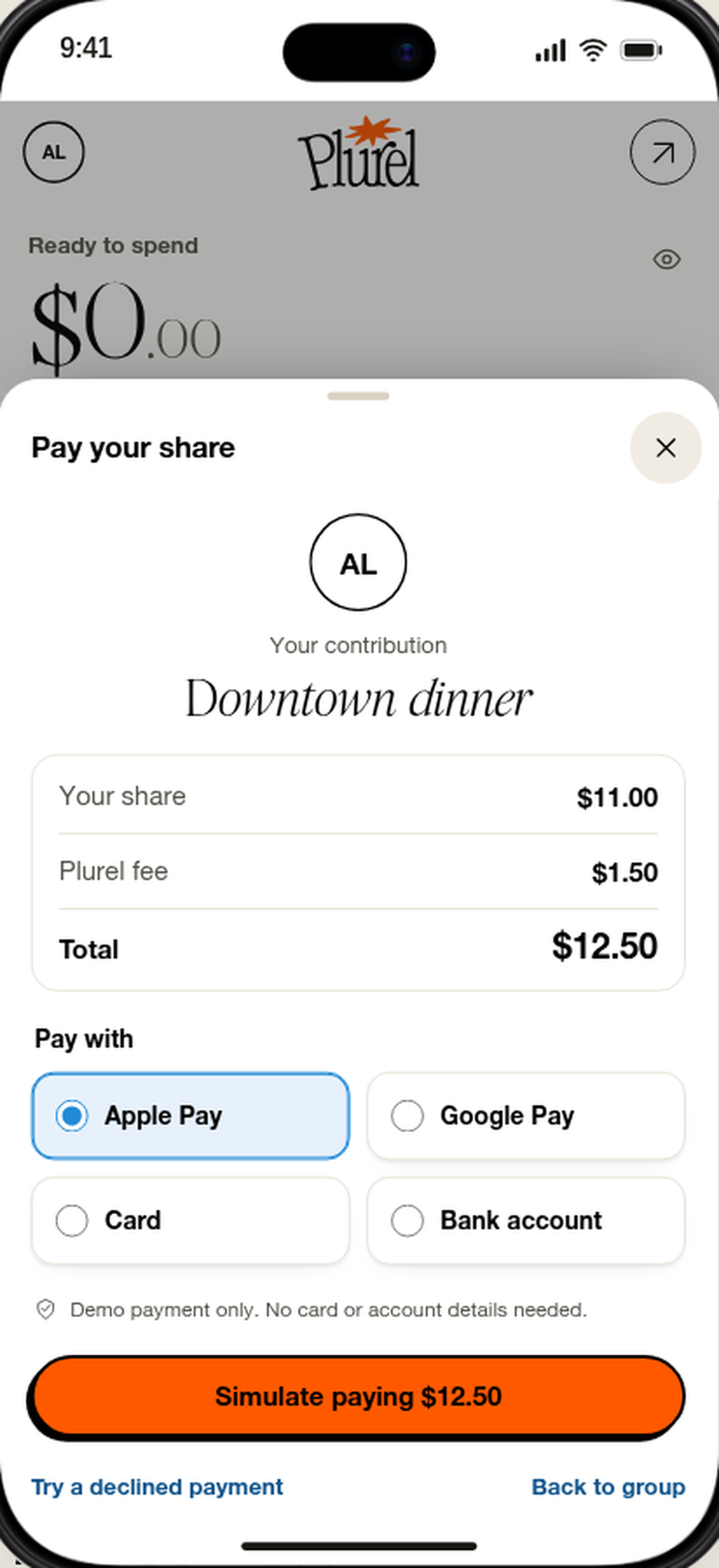 Pay your share of Downtown dinner. The share is $11.00.